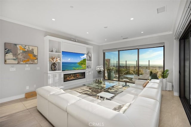 living room featuring crown molding, built in features, and light tile patterned floors