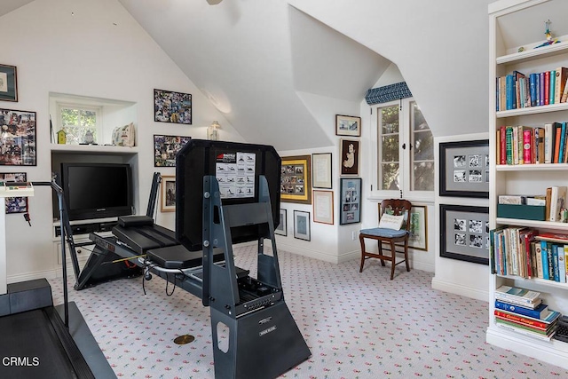 exercise area featuring lofted ceiling and light carpet