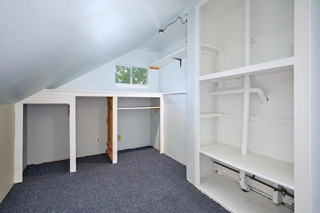 interior space featuring vaulted ceiling and dark carpet