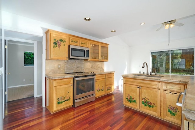 kitchen with sink, tasteful backsplash, vaulted ceiling, appliances with stainless steel finishes, and dark hardwood / wood-style flooring