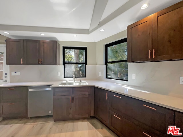 kitchen featuring a healthy amount of sunlight, stainless steel dishwasher, sink, and light hardwood / wood-style flooring