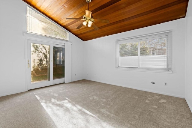 unfurnished room with wood ceiling, light colored carpet, and ceiling fan