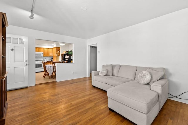 living room with rail lighting and light hardwood / wood-style floors