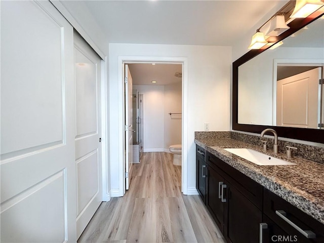 bathroom featuring vanity, toilet, and wood-type flooring