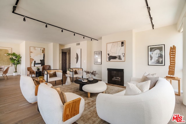 living room with rail lighting and light hardwood / wood-style floors