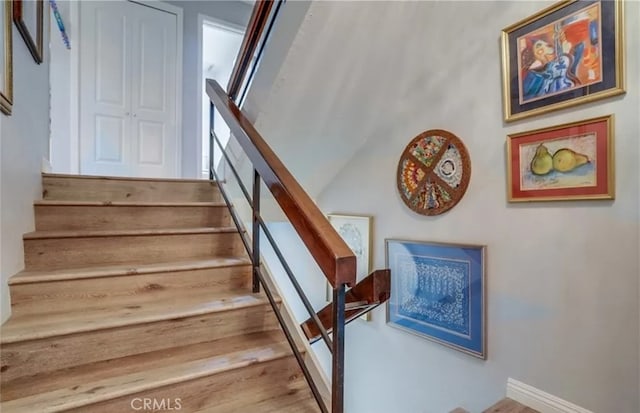 stairway with hardwood / wood-style flooring