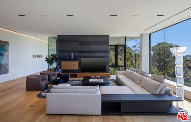 living room featuring light hardwood / wood-style flooring and floor to ceiling windows