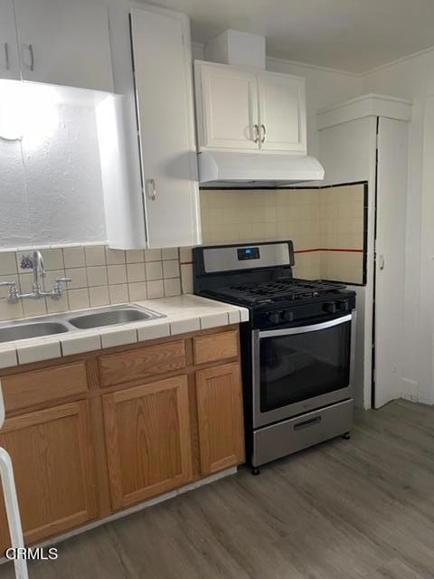 kitchen with light hardwood / wood-style flooring, stainless steel range with gas cooktop, sink, and backsplash