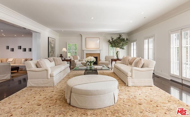 living room featuring hardwood / wood-style floors, crown molding, and a healthy amount of sunlight