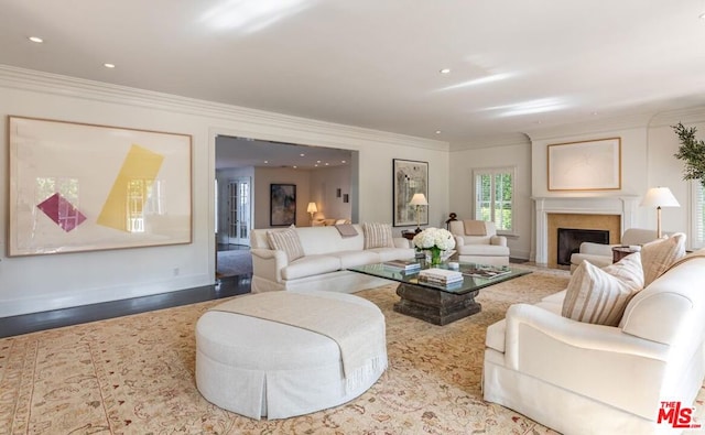 living room featuring light hardwood / wood-style floors and ornamental molding