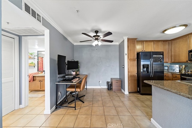 kitchen featuring crown molding, black appliances, light tile patterned floors, and ceiling fan