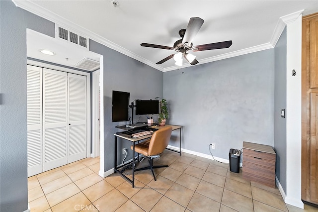 tiled office space with crown molding and ceiling fan