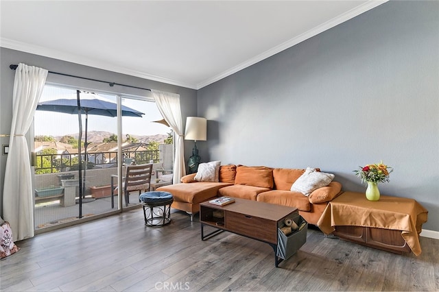 living room with a mountain view, ornamental molding, and hardwood / wood-style flooring