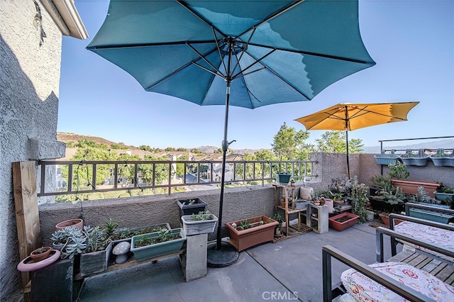 view of patio with a mountain view