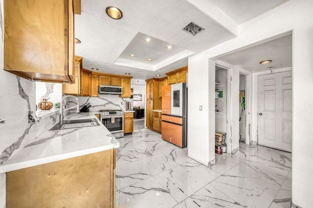 kitchen featuring a tray ceiling, sink, light stone counters, decorative backsplash, and appliances with stainless steel finishes