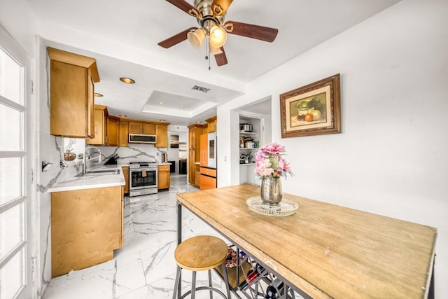 kitchen featuring a raised ceiling, appliances with stainless steel finishes, sink, and a wealth of natural light