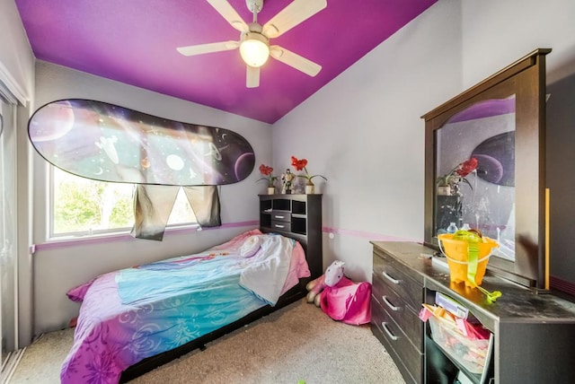 bedroom with ceiling fan and carpet