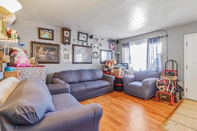 living room with hardwood / wood-style floors and a textured ceiling