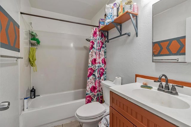 full bathroom with toilet, vanity, shower / tub combo with curtain, and tile patterned flooring