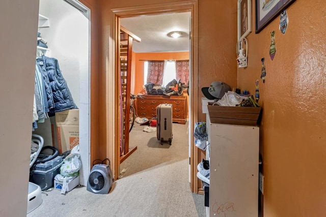 hallway with light colored carpet