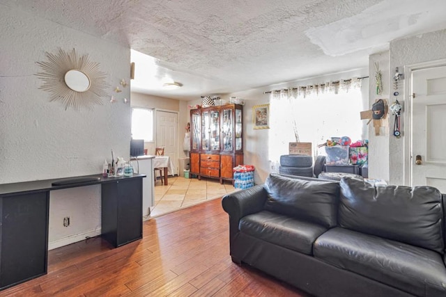 living room with wood-type flooring and a textured ceiling