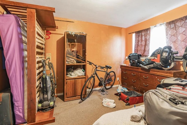 bedroom featuring light colored carpet