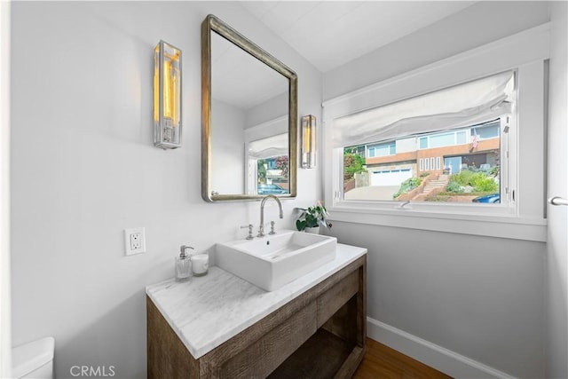 bathroom featuring hardwood / wood-style floors, vanity, and toilet