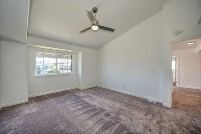 unfurnished room with high vaulted ceiling, carpet, and ceiling fan