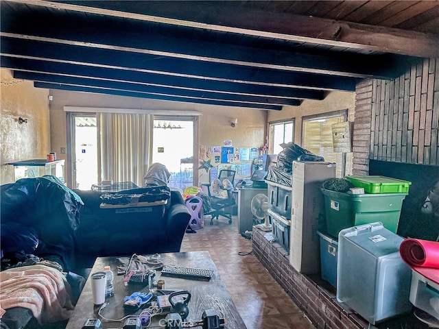 interior space with lofted ceiling with beams