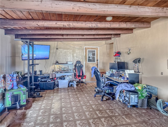 basement featuring wood ceiling