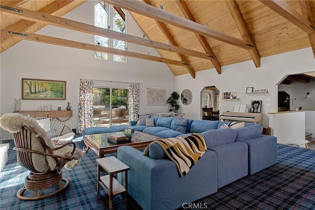 living room with high vaulted ceiling, wooden ceiling, and beam ceiling