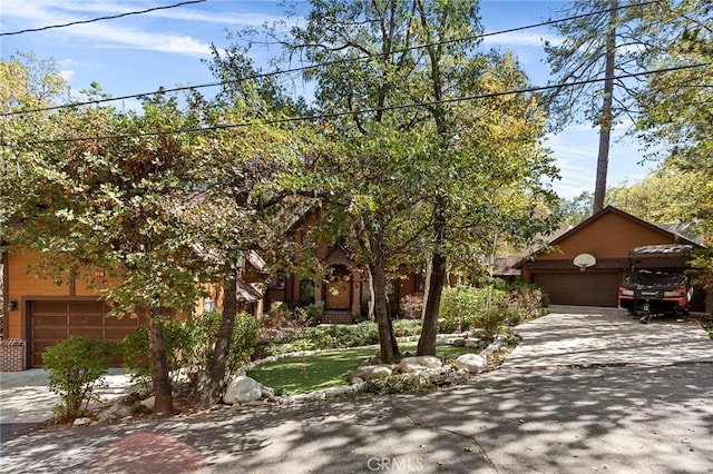 view of property hidden behind natural elements with a garage