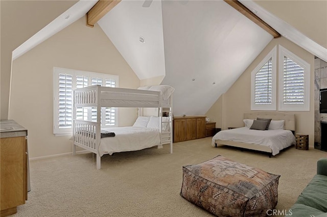 bedroom with ceiling fan, light colored carpet, and lofted ceiling with beams