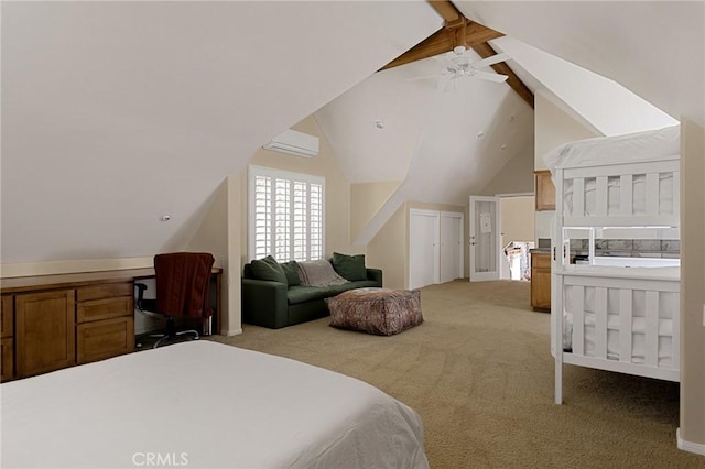 bedroom featuring ensuite bathroom, a wall unit AC, ceiling fan, light colored carpet, and lofted ceiling with beams