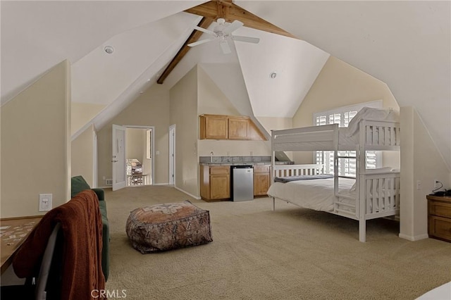 bedroom with ceiling fan, light colored carpet, fridge, and high vaulted ceiling