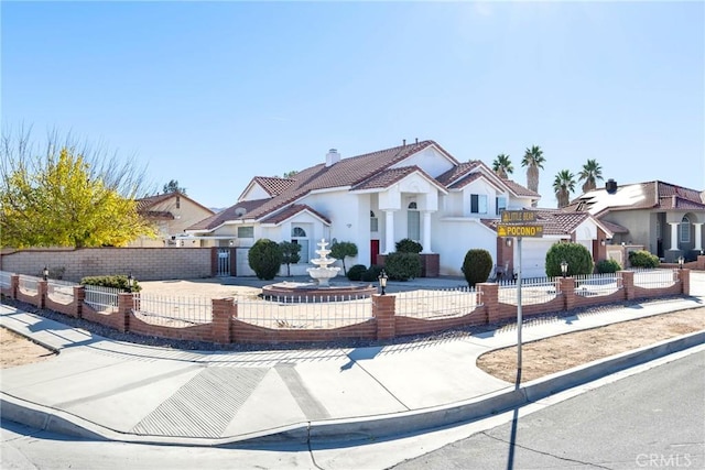 view of front facade featuring a fenced front yard, a chimney, stucco siding, a residential view, and a tiled roof