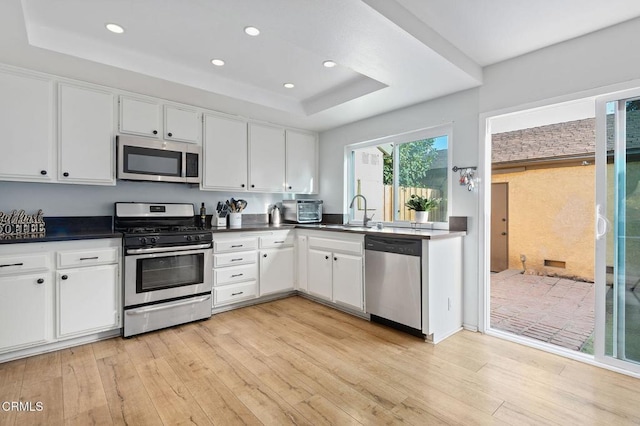 kitchen with stainless steel appliances, a raised ceiling, light hardwood / wood-style flooring, and white cabinetry