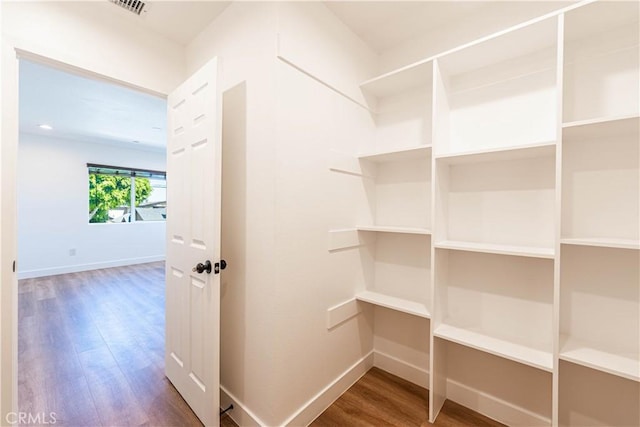 spacious closet with dark hardwood / wood-style flooring