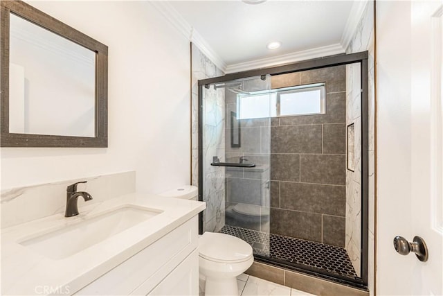 bathroom with walk in shower, toilet, and ornamental molding