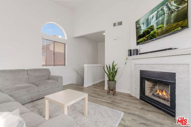 living room featuring light hardwood / wood-style floors and a high ceiling