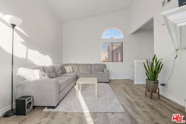 living room featuring hardwood / wood-style flooring and lofted ceiling