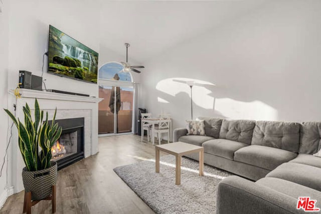 living room with hardwood / wood-style flooring and ceiling fan