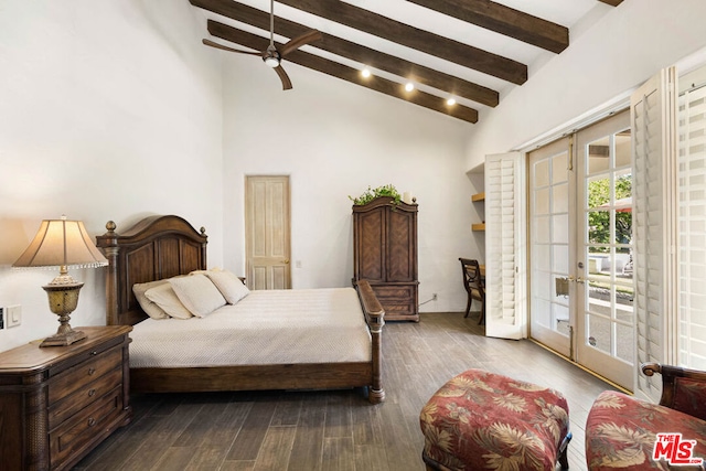 bedroom with access to exterior, ceiling fan, french doors, beamed ceiling, and hardwood / wood-style floors