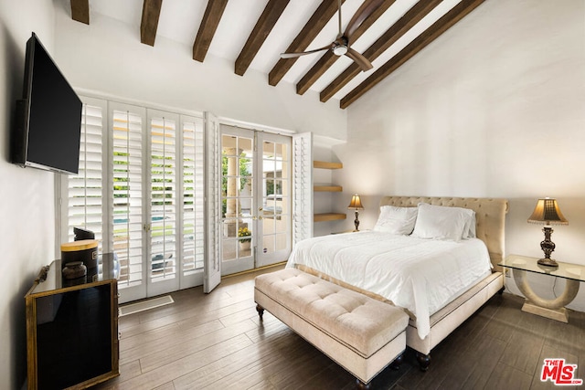 bedroom with access to exterior, french doors, dark hardwood / wood-style flooring, ceiling fan, and beam ceiling