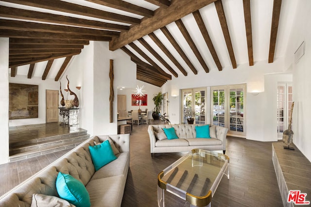 living room featuring dark hardwood / wood-style floors, beam ceiling, high vaulted ceiling, and french doors