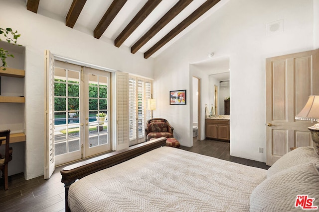 bedroom with dark wood-type flooring, high vaulted ceiling, french doors, connected bathroom, and beam ceiling