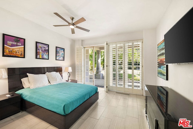 bedroom featuring access to outside and ceiling fan