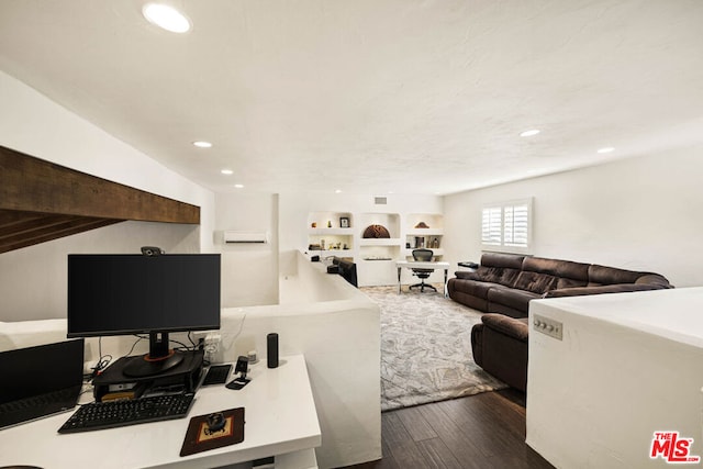 living room with dark hardwood / wood-style flooring