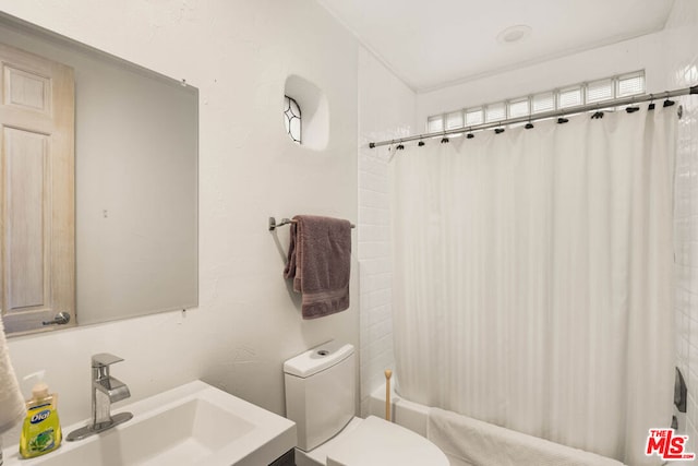 full bathroom with vanity, toilet, and shower / bathtub combination with curtain