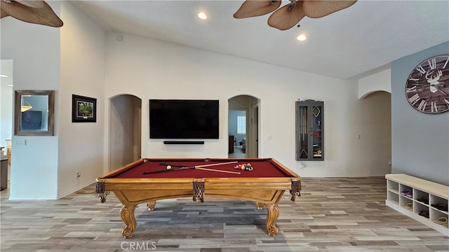 recreation room with pool table, light hardwood / wood-style floors, high vaulted ceiling, and ceiling fan